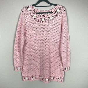 Vintage Shenanigans Pink Rosette Crochet Knit Tunic Sweater Open Weave Sz M
